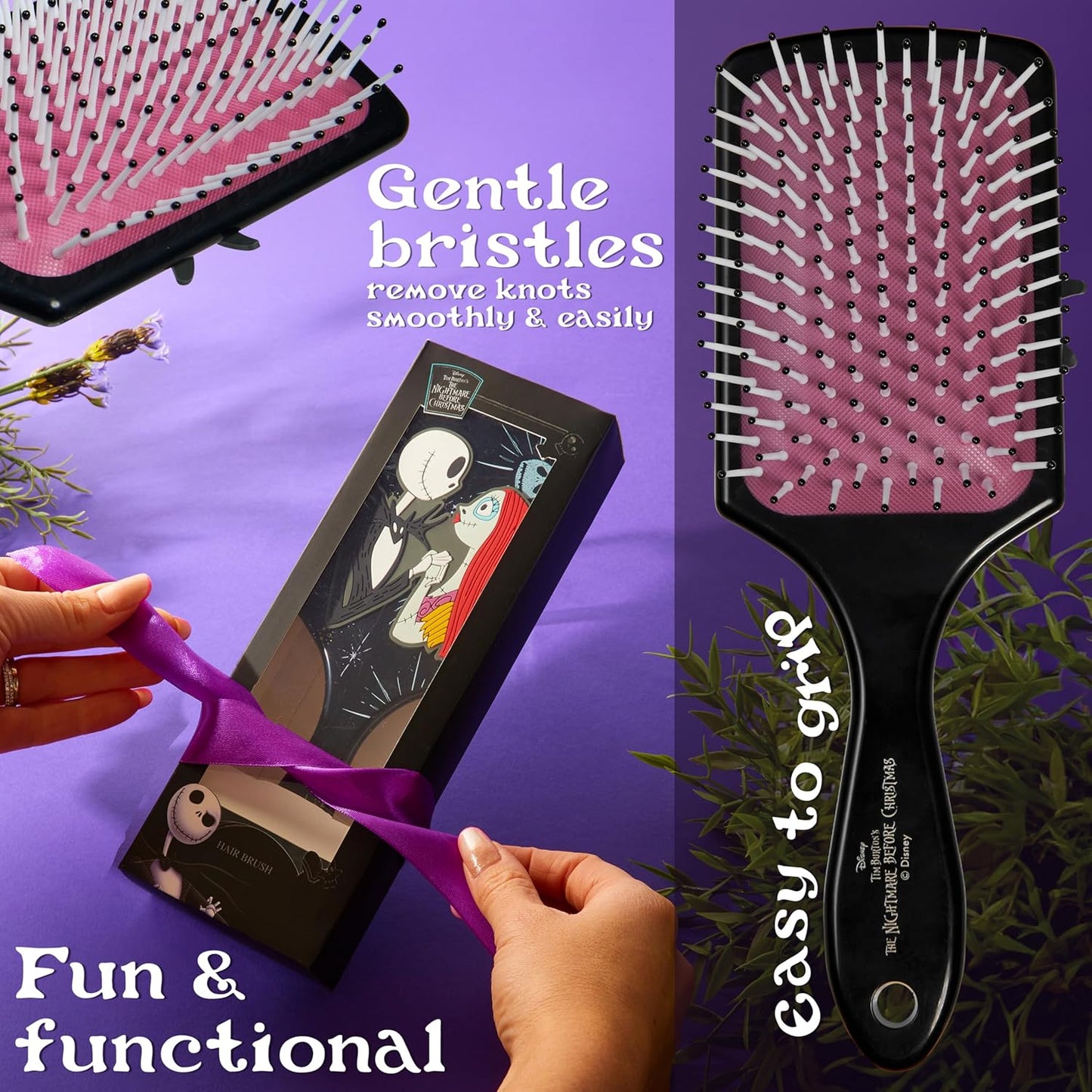 Disney Detangle Hair Brush for Women Teenagers Girls Paddle Brush and Compact Mirror Set - Gifts for Girls (Black/Pink)