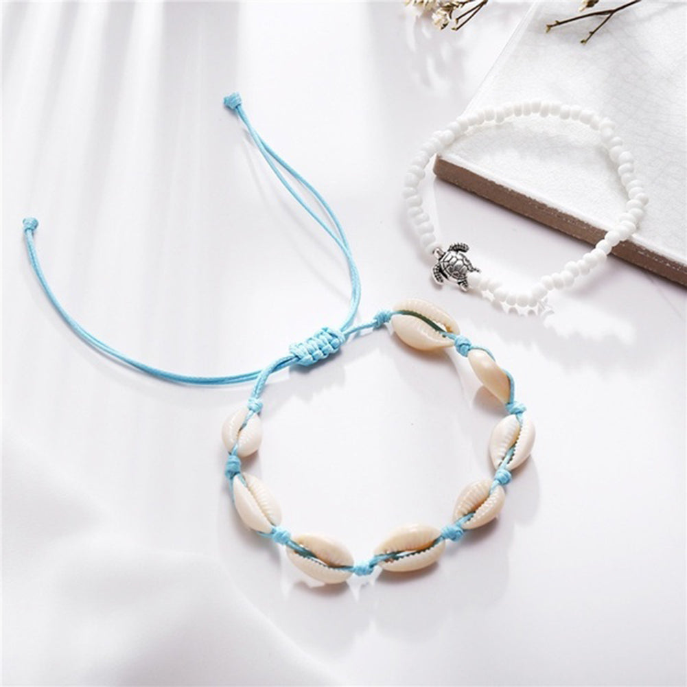 Vintage Beach Turtle Shell Bead Pull Bracelet Set