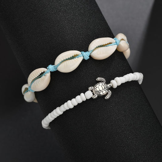 Vintage Beach Turtle Shell Bead Pull Bracelet Set