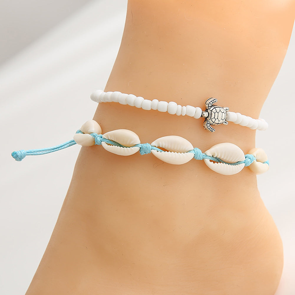 Vintage Beach Turtle Shell Bead Pull Bracelet Set