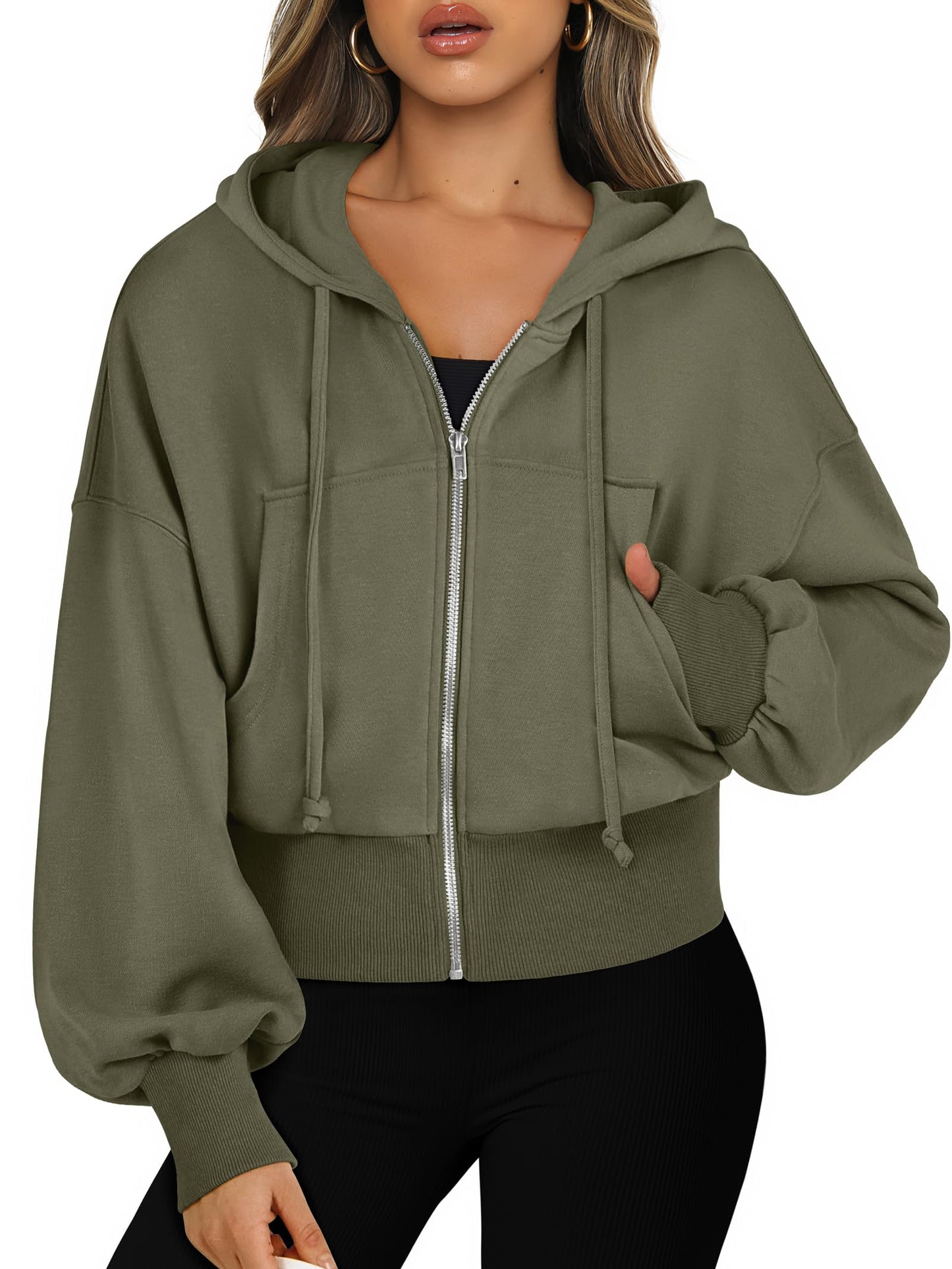 ANRABESS Womens Zip Up Hoodies Cropped Sweatshirts Full Zip Jackets 2024 Casual Fashion Fall Outfits Winter Clothes Army Green X-Large