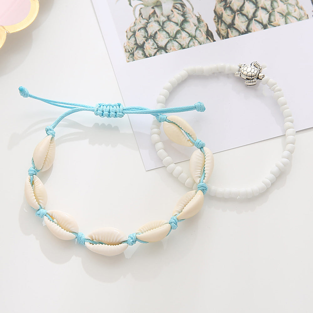 Vintage Beach Turtle Shell Bead Pull Bracelet Set